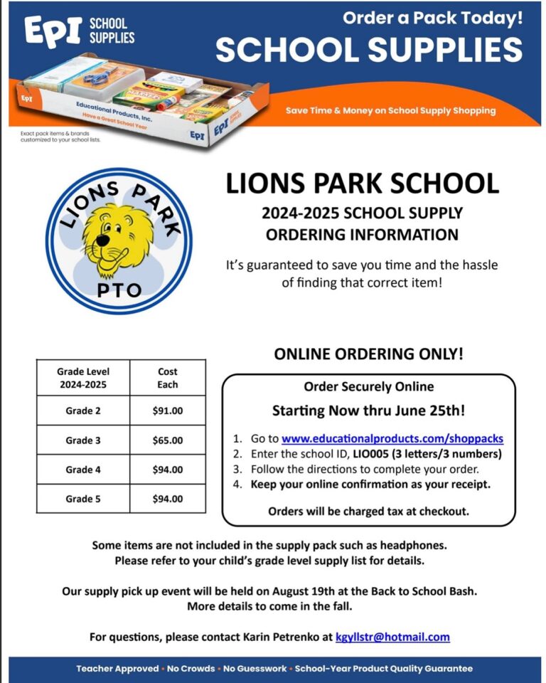 Lions Park School Supplies 2024-2025